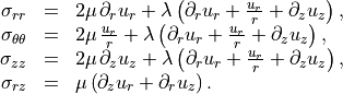 \begin{array}{rcl}
\sigma_{rr} &=&
2\mu\,\partial_r u_r
+ \lambda\left(\partial_r u_r + \frac{u_r}{r} + \partial_z u_z\right), \\
\sigma_{\theta\theta} &=&
2\mu\,\frac{u_r}{r}
+ \lambda\left(\partial_r u_r + \frac{u_r}{r} + \partial_z u_z\right), \\
\sigma_{zz} &=&
2\mu\,\partial_z u_z
+ \lambda\left(\partial_r u_r + \frac{u_r}{r} + \partial_z u_z\right), \\
\sigma_{rz} &=&
\mu\left(\partial_z u_r + \partial_r u_z\right).
\end{array}