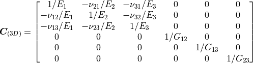 {\bm C}_{(3D)} = \begin{bmatrix}
1/E_1 & -\nu_{21}/E_2 & -\nu_{31}/E_3 & 0 & 0 & 0\\
-\nu_{12}/E_1 & 1/E_2 & -\nu_{32}/E_3 & 0 & 0 & 0\\
-\nu_{13}/E_1 & -\nu_{23}/E_2 & 1/E_3 & 0 & 0 & 0\\
0 & 0 & 0 & 1/G_{12} & 0 & 0 \\
0 & 0 & 0 & 0 & 1/G_{13} & 0 \\
0 & 0 & 0 & 0 & 0 & 1/G_{23} \end{bmatrix}
