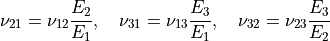 \nu_{21} = \nu_{12}\frac{E_2}{E_1},\quad
\nu_{31} = \nu_{13}\frac{E_3}{E_1},\quad
\nu_{32} = \nu_{23}\frac{E_3}{E_2}