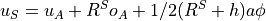 u_S = u_A + R^S o_A + 1/2 (R^S + h) a \phi